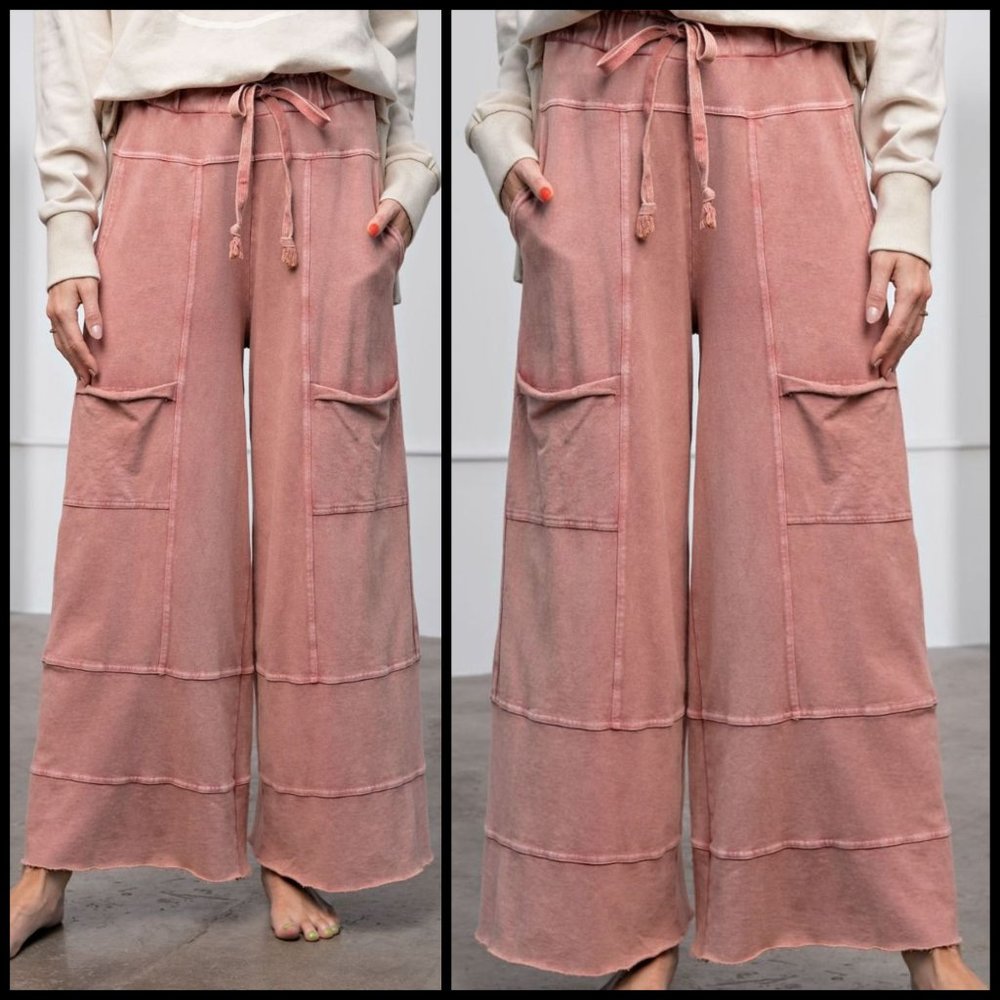 EASEL "Perfect Cargo" Terry Knit Mineral Washed Flared Leg Pants Raw Hem & Seams - Picture 8 of 14